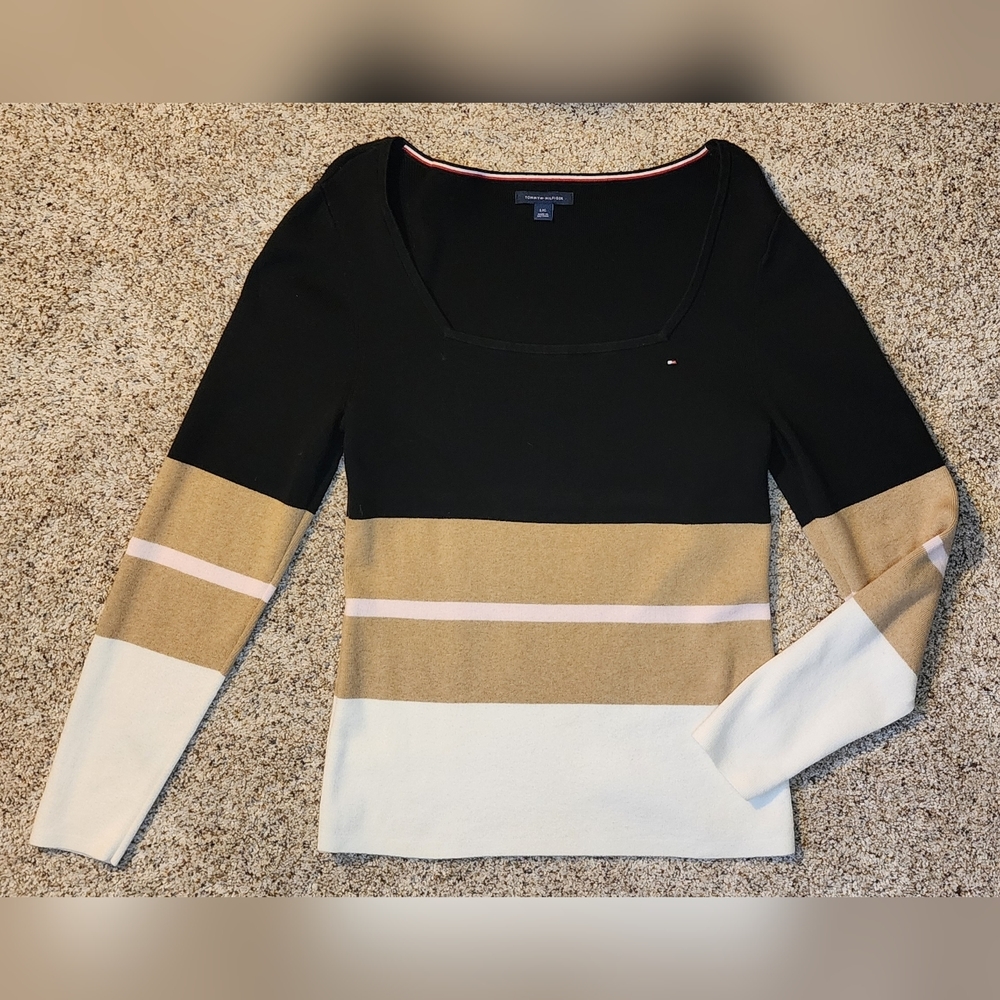 Tommy Hilfiger Square Neck Sweater Lg stripes Black White tan